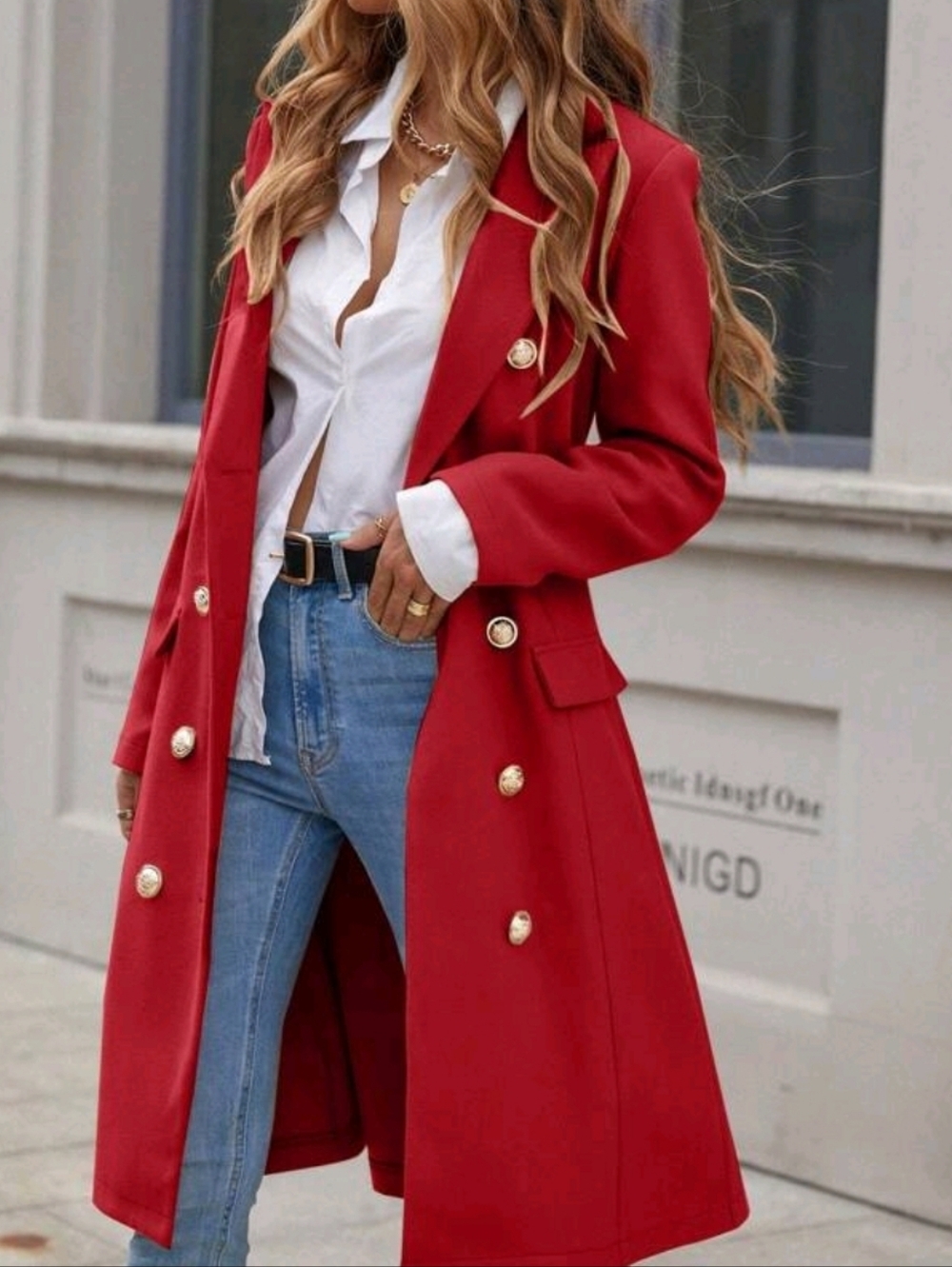 Red Double-Breasted Trench Coat with Gold Buttons